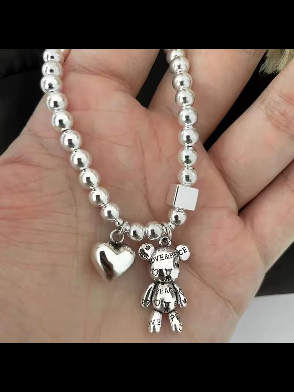 Silver-Tone Beaded Heart & Teddy Charm Bracelet - Picture 2 of 5